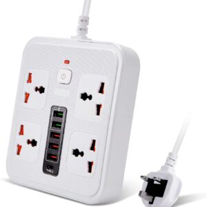 Power Socket / Power Strip / Power Extension with TYPE-C PD 20W + USB QC 3.0 Fast Charging 6 Ports, Universal Power Socket / 4-Way Power Strip / 2m Extension Cable