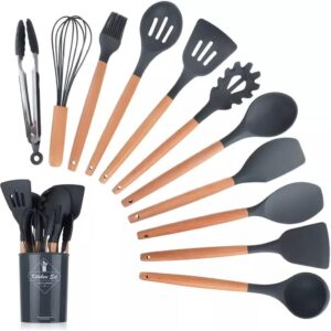 12 Pcs Silicone Cooking Utensils Kitchen Set | Heat Resistant Non Toxic Spatula Set With Turner Tongs,Spoon,Brush,Whisk Wooden Handle Random Color