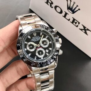 Rolex Daytona Rotating Bezel Quartz Machine | Quartz Chronograph Movement Silver Stainless Steel Strap Watch With Master Lock For Men ( With Normal Box ) - Black Dial